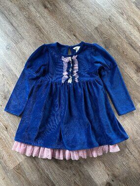 Matilda Jane Girls 4 Clara Ribbed Velour Lap Dress Blue Long Sleeve Ruffles Pink